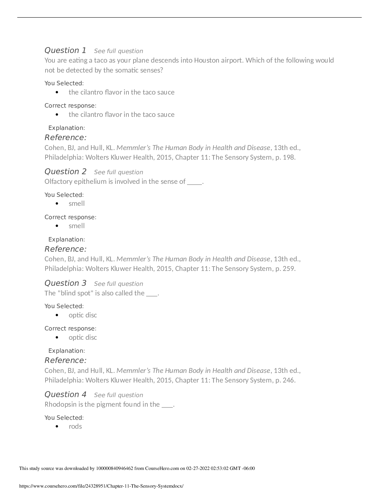 Recommended document preview for Testbank Chapter 11 The Sensory System